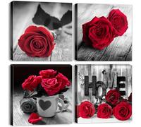 Black and White Floral Wall Art for Living Room Retro Red Rose Wall Decor Romantic Flower Pictures for Bathroom Walls Rustic Bouquet Painting Canvas Prints Artwork Girls Bedroom Decorations 12x12" 4P
