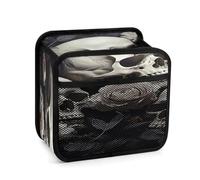 Black And White Flowers And Skull Car Backseat Organizer with Clear Tablet Holder, Multi Pockets Waterproof Oxford Kick Mat Storage Bag, Universal Auto Seat Back Storage Caddy for Drinks Travel Essen