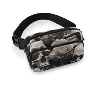 Black And White Flowers And Skull Fanny Pack Waterproof External Pocket Portable Waist Pack Outdoor Adjustable Strap Lightweight Waist Bag for Workout Traveling Casual Running Hiking Cycling