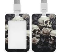 Black and White Flowers and Skull ID Badge Holder with & Lanyard - Durable ABS Plastic, Vertical ID Card Holders, Waterproof Badge Reel for Nurse, Teacher, Office & Gym