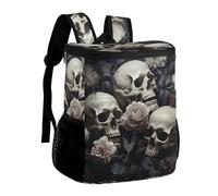 Black And White Flowers And Skull Insulated Cooler Backpack Durable Polyester Twill Leakproof Thermal Bag with Adjustable Straps Multi-use Pack for Picnic Camping Hiking Varied Outdoor Activities