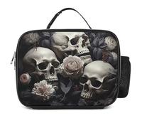 Black And White Flowers And Skull Insulated Lunch Bag, Large Capacity Portable Meal Tote, Leakproof Thermal Lunch Box Bag with Detachable Foldable Design, Ideal for Office Camping Hiking Daily Use