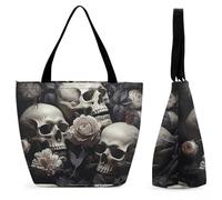 Black And White Flowers And Skull Large Oxford Cloth Tote Bag for Women, Durable Zippered Shoulder Handbag with Inner Pocket, Multi-purpose Shopping Bag for Work Travel Daily Errands Reusable Bag