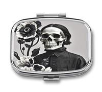Black and White Flowers and Skull Pill Case 2 Compartments Travel Pill Organizer for Pocket Small Pill Box Portable Pill Container Metal Medication Holder to Hold Vitamin Fish Oil Supplement