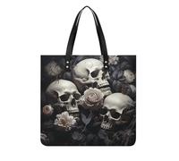 Black And White Flowers And Skull Tote Bag Square PU Leather Shoulder Handbag Purse Multipurpose Reusable Shopping Carryall Durable Work Commute Travel Daily Casual Resistant Ladies Fashion Hand Bag
