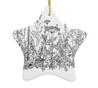 Black and White Flowers Christmas Ceramic Star Ornament with Hanging Cord, Double-Sided Print Hanging Decoration for Home & Tree