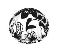 Black and White Flowers Print Shower Cap, Shower Cap for Women Reusable, Waterproof Bath Cap,Quick Drying Bath Hair Cap