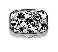 Black and White Flowers Print Square Metal Pill Box Decorative Pill Case - Carry Your Meds in Style (Rectangular)