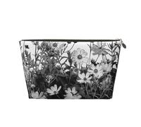 Black and White Flowers Prints PVC Leather Travel Toiletry Bag with Gold Zippers, Waterproof Cosmetic Organiser for Makeup, Toiletries & Essentials