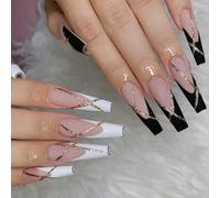 Black and White French Tip Press on Nails with Gold Glitter - 24PCS Long Coffin Shape Glossy Fake Nails for Women and Teens, Includes 12 Sizes for Elegant Full Cover Art and Daily Wear