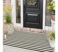 Black and White Front Porch Rugs Outdoor Stripe 3x5 ft, Hand-Woven Front Door Mat Washable Cotton Reversible Entry Rugs Layered Doormats for Outside Entrance Patio Balcony Living Room Kitchen