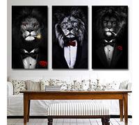 Black And White Gentry Black Lion Smoking A Cigar Canvas Paintings On The Wall Art Pictures Lions In A Suit Canvas Art Posters Home Decoration 12"X16"X3Pcs No Framed