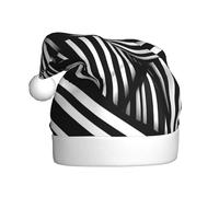 Black And White Geometric Lines Christmas Hat For Adult.Festive Christmas Beanie With Pom Pom, Unisex Holiday Cap For Xmas Parties.