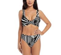 Black and White Geometric Lines Print Women's Waisted Bikini Sets V Neck Two Piece Swimsuit for Beach & Pool, Black, Medium
