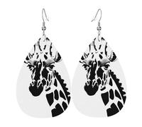 Black and white giraffe Women's Teardrop Leather Earrings, Hook 925 Silver Plated, Holiday Accessories