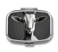 Black and White Goat Pill Box 2 Compartment, Portable Pill Case with Mirror for Pocket Purse Travel, Mini Metal Medicine Organizer for Vitamins Fish Oil