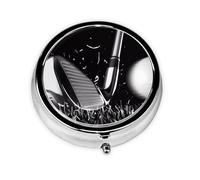 Black and White Golf Printed Round Travel Pill Box Cute Small Metal Pocket Pill Case for Men & Women 3 Compartment Portable Pill Organizer for Purse or Pocket