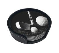 Black And White Golf Round Leather Coasters (6 Pieces) - Drink Coaster Set For Desk, Modern Easy To Clean Home Office & Farmhouse Coasters