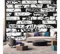 Black and White Graffiti Wallpaper Mural, Street Art Brick Effect Wall Mural, Non-woven Print Photo Wallpaper for Bedroom Living Room Decor 150x105 cm - Sfu39