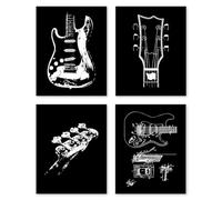 Retro Music Wall Art Canvas Prints Black and White Guitar Art Posters,Vintage Art Bedroom Dorm Wall Decor,Set of 4 (8"x10",Unframed).