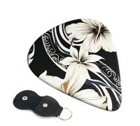 Black And White Hawaiian Flowers 6 Pack Guitar Picks With Holder, Personalized Guitar Plectrums Non-Slip Portable Ukulele Bass Picks 0.71mm For Acoustic Guitar Lovers Gifts