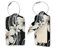 Black and White Hawaiian Flowers Luggage Tag for Suitcase PU Leather Suitcase Tag with Stainless Steel Loop and Address Card Baggage Tags Cute Bag Name Travel Tags ID Labels for Women Men 2 PCS