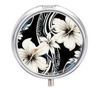Black and White Hawaiian Flowers Pill Box Round Portable Small Pill Case Waterproof Travel Pill Box Organizer for Pocket Purse and Daily Convenience