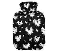 Black and White Heart Shapes Romantic Love Water Bottle for hot Water with Soft Cover, 2L hot compresses for The Body for Arthritis,Arthritis,Bolsa de calor para Dolor Menstrual
