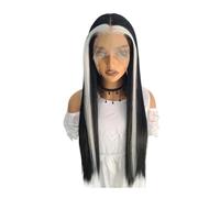 Black and White Highlight Straight 13×4 Lace Front Wig Heat-Resistant Synthetic Fiber With 150 Density Glueless for Women Daily Use Adds Volume(26inch)