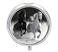 Black and White Horse Running Small Pill Case Round Weekly Pill Organizer with Mirror 3 Compartments Portable Travel Daily Pill Container Cute Pill Box for Fish Oil Supplements