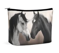 Black And White Horses Makeup Bag, Portable PU Leather Cosmetic Bag with Zipper Pouch, Waterproof Travel Toiletry Bag for Women Men