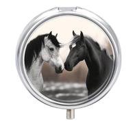 Black and White Horses Pill Box, 3 Compartment Small Pill Case Waterproof Travel Pill Organizer for Pocket Or Purse Portable Mini Medicine Tablet Vitamin Holder Pill Case