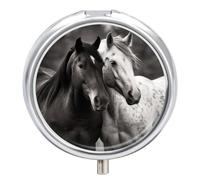 Black and White Horses Pill Box 3-Compartment Travel Pill Organizer Portable Round Medicine Case with Mirror Design for Vitamins, Jewelry & Essentials Durable Pocket Pillbox for Purse, Camping
