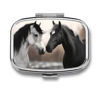 Black and White Horses Pill Case for Travel, Rectangle Metal Pill Organizer with 2 Compartments, Portable Daily Medicine Box for Purse, Wallet