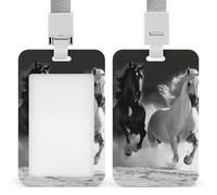 Black and White Horses Running Badge Holders with Push-Pull Slot&Lanyard Waterproof Plastic Vertical Work ID Card Holder Portable Travel DocumentDetachable Card Protector