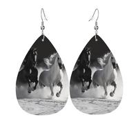 Black and White Horses Running Earrings for Women Teardrop Leather Earring Double Sided Drop Dangle Earrings Lightweight Women's Ear Accessories Jewelry Fashion Birthday Gift