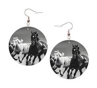 Black And White Horses Running Leather Round Earrings Daily Accessories Working At Work Women'S Fashion