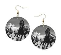 Black And White Horses Running Leather Round Earrings Daily Accessories Working At Work Women'S Fashion