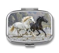 Black and White Horses Running Pill Case Travel Portable Pocket Pill Box 2 Compartment Medicine Case Large Capacity Daily Pill Cases Vitamin Organizer Medicine Organizer Small Pill Box