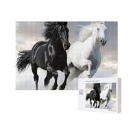 Black and White Horses Running Printed 300 Pieces Jigsaw Puzzle with Storage Box, Wooden Puzzle for Adults and Kids, Family Fun Decorative Game, 40x28 CM