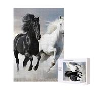 Black and White Horses Running Printed Jigsaw Puzzle with Storage Box, Wooden Puzzle for Adults and Kids, 300 Pieces Family Fun Decorative Game, 28x40 CM