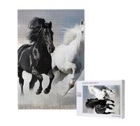 Black and White Horses Running Printed Jigsaw Puzzle with Storage Box, Wooden Puzzle for Adults and Kids, 1000 Pieces Family Fun Decorative Game