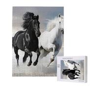 Black and White Horses Running Printed Jigsaw Puzzle with Storage Box, Wooden Puzzle for Adults and Kids, 500 Pieces Family Fun Decorative Game