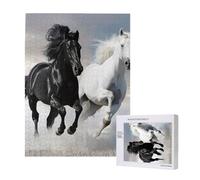 Black and White Horses Running Printed Jigsaw Puzzle with Storage Box, Wooden Puzzle for Adults and Kids, 500 Pieces Family Fun Decorative Game, 38x52 CM