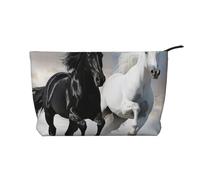 Black and White Horses Running Printed Makeup Bag Corduroy Travel Cosmetic Bags Cosmetic Case Toiletry Bag Organizer for Women Mom Girls