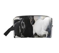 Black and White Horses Running Printed Makeup Bag Large Travel Cosmetic Bags Waterproof Cosmetic Case Toiletry Bag Organizer for Women Mom Girls