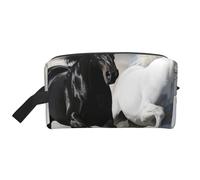 Black and White Horses Running Printed Makeup Bag Travel Portable Cosmetic Bag Large Capacity Makeup Case Toiletry Handbag Organiser for Women