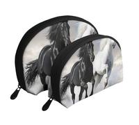 Black and White Horses Running Printed Makeup Bags 2-Piece Portable Shell Travel Toiletry Bag Cosmetic Organizer Bag for Women