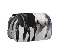 Black and White Horses Running Printed Print Flip Top Double Layer Pencil Case - Large Capacity School Supplies Organizer for Students, Kids, Teens, Artists, Travel & Office Use