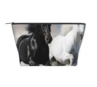Black and White Horses Running Printed Travel Makeup Bag Trapeze Cosmetic Bag Makeup Case Toiletry Bag Organiser for Women